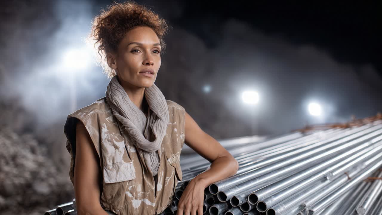 Portrait of a woman near steel pipes