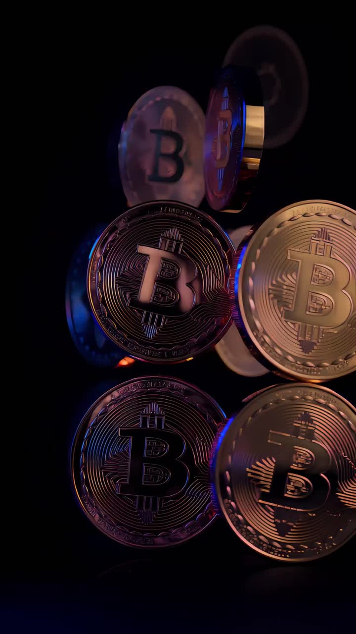 Animazione rotante di Bitcoin dorato su sfondo scuro, criptovaluta cinematografica 4K.