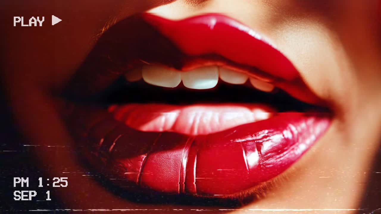 Fake VHS tape animation: the painting of a pair of female red lips, sensual and static