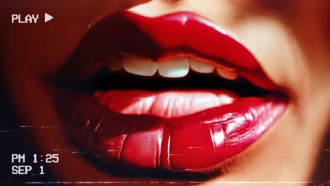 fake vhs tape animation: the painting of a pair of female red lips, sensual and static