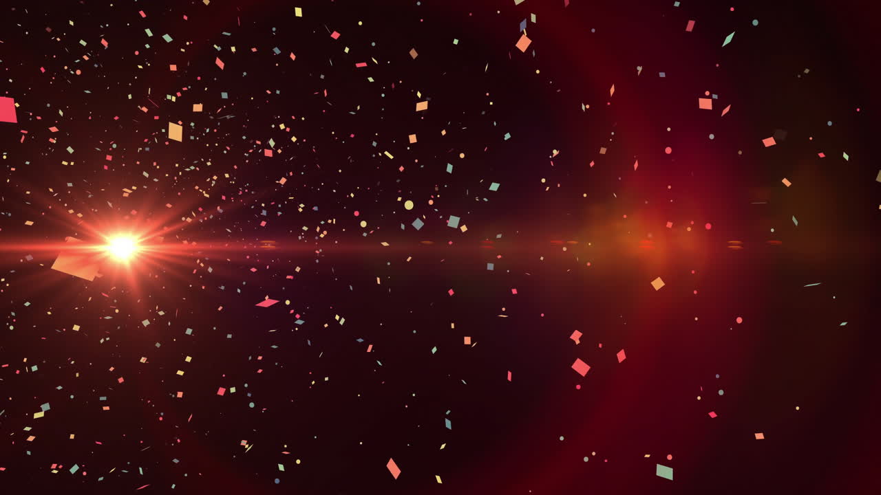 Central starburst light glowing in dark scene, casting warm rays across floating colorful confetti