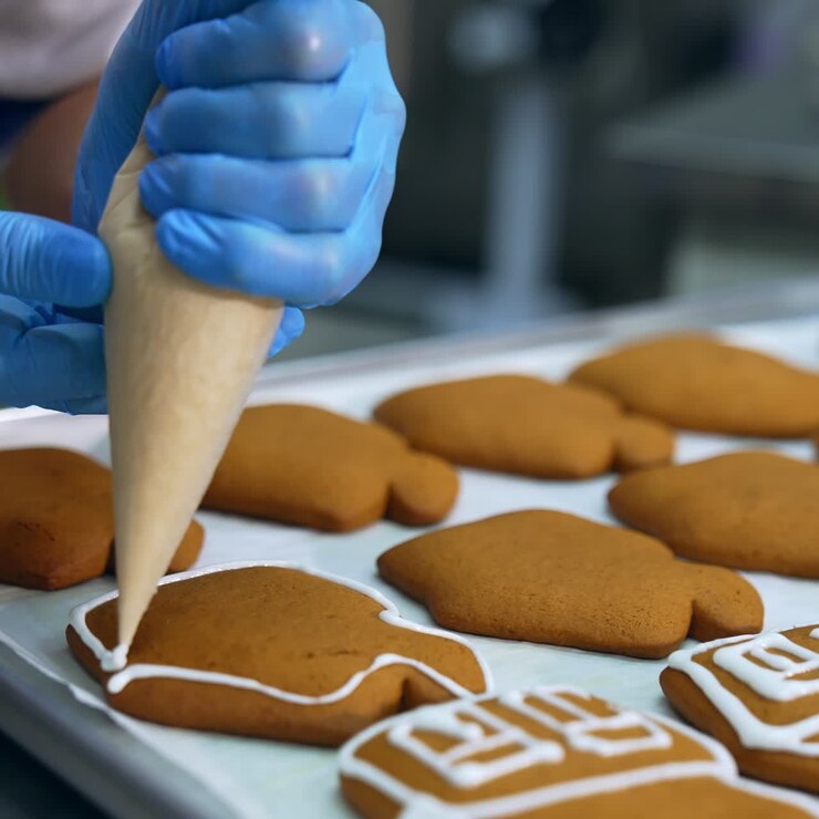 Decorating freshly-baked cookies with white cream. Confectioner squeezes icing from a pastry bag on the gingerbread cake. Close up