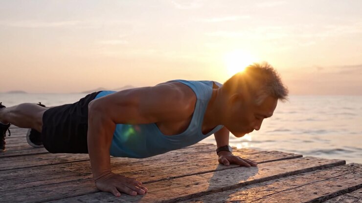 An Individual Engaged in Push-Up Exercise at Sunrise on a Scenic Dock, Emphasizing Fitness and Strength Training Amidst a Tranquil Seaside Environment