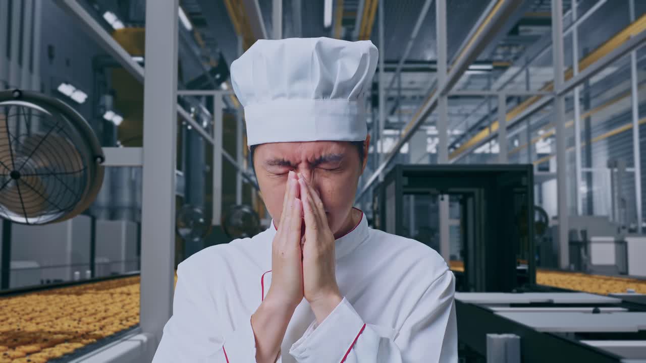 Primo Piano di uno Chef Asiatico che Prega Mentre è in Piedi, Linea di Produzione Automatica di Biscotti in una Fabbrica Moderna
