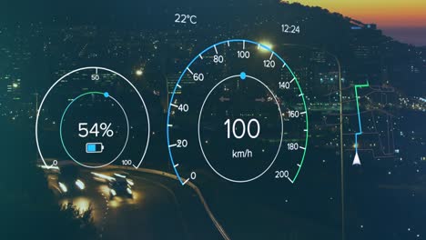 animación de números cambiantes en velocímetros time-lapse de vehículos en movimiento y silueta de la ciudad