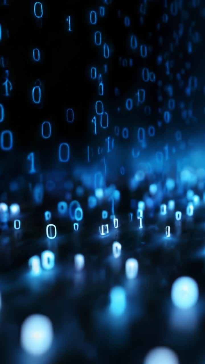 A Visually Striking Representation of Binary Code Rain, Capturing the Essence of Digital Data Flow in a Dark Background with Vibrant Blue Elements