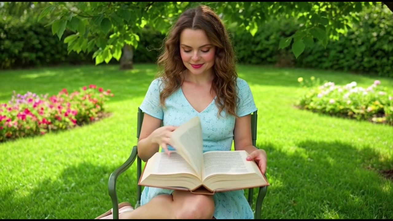 Giovane donna che legge un libro in un giardino assolato