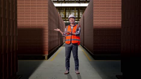full body of asian male engineer with safety helmet smiling and pointing to side while standing with red brick packed in stacks are stored