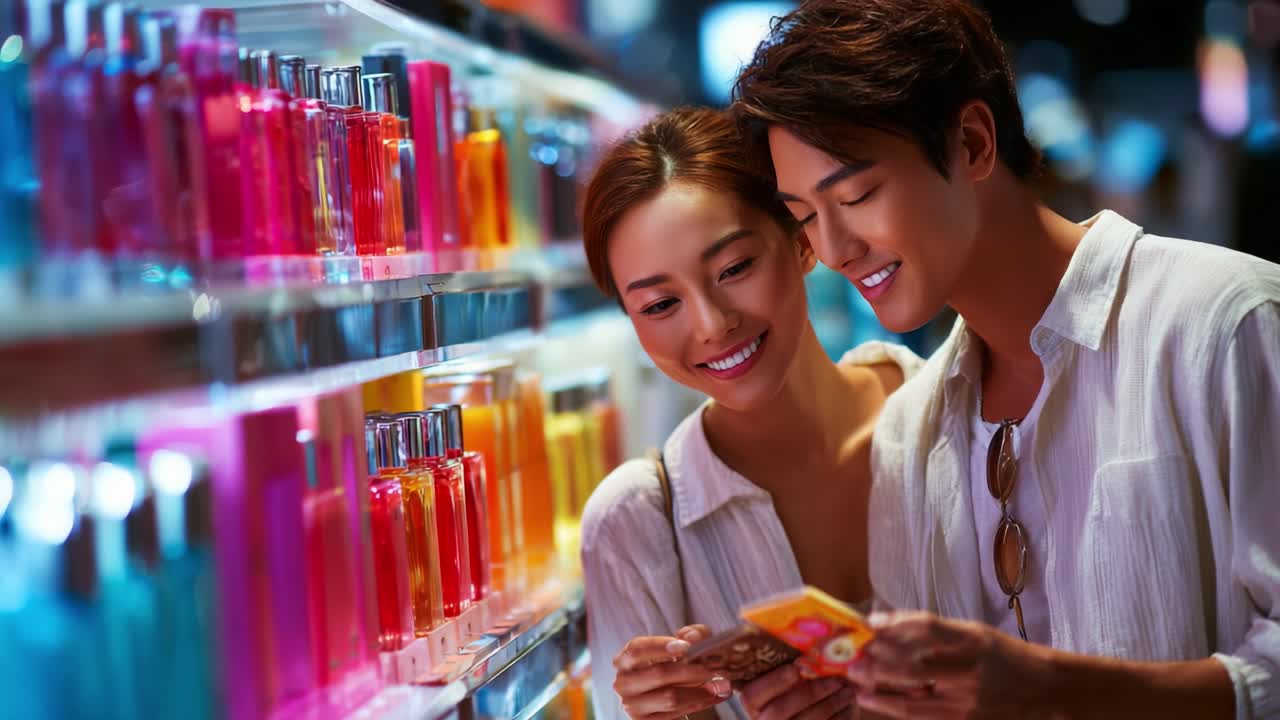 A Couple Enjoying Their Time Together While Exploring a Fragrance Store, Smiling as They Discover New Scents and Products on Display, Capturing the Joy of Shared Moments