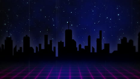 pink squared floor moving over dark city against blue universe background 4k