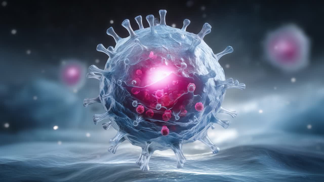 Forstørret visning af en viral struktur, der fremviser indviklede detaljer og fremhæver den komplekse biologi af smitsomme agenser i en fantastisk visuel repræsentation