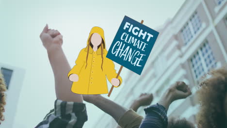 animación de una niña caucásica con un cartel de lucha contra el cambio climático y un grupo diverso levantando los puños