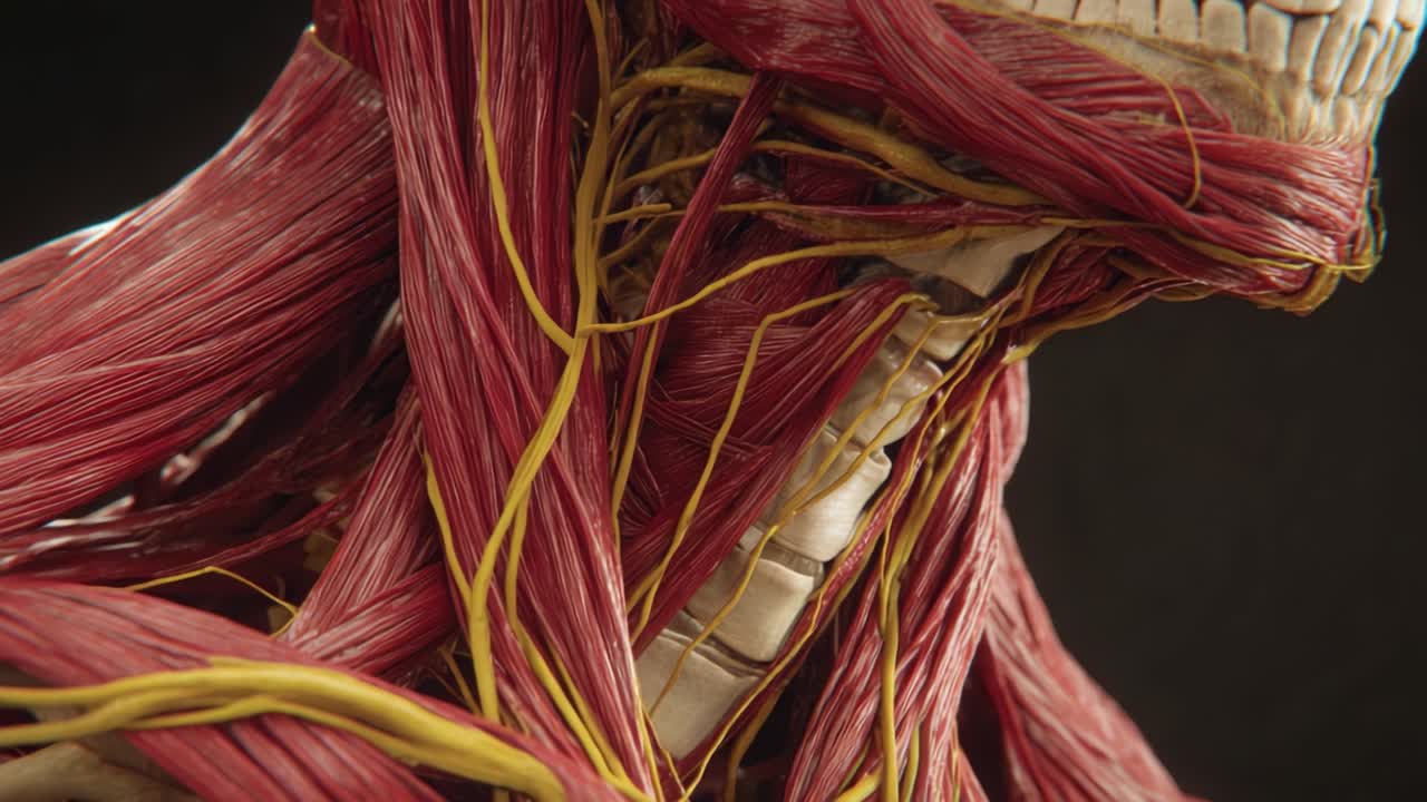 Visualizzazione Dettagliata dell'Anatomia Umana: Un'Esplorazione Ravvicinata dei Sistemi Muscolare e Nervoso con Intricate Connessioni Strutturali