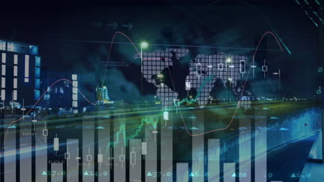 animation of financial data and graphs over cityscape and traffic