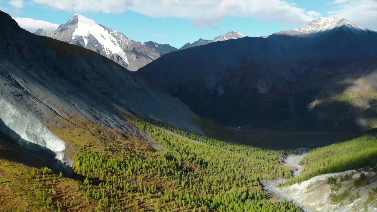 Majestic Mountain Valley with Forest and Snow-capped Peaks