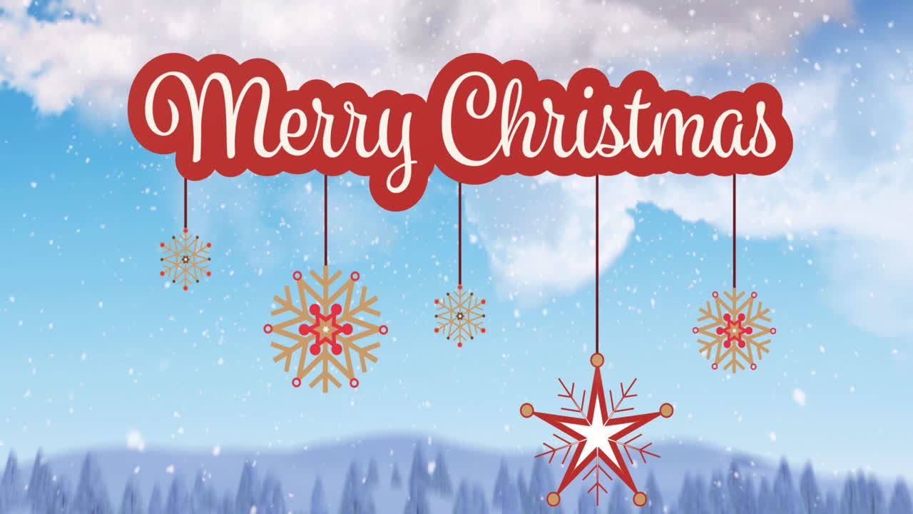 구름과 겨울 풍경과 함께 하늘 위에 메리 크리스마스 텍스트의 애니메이션