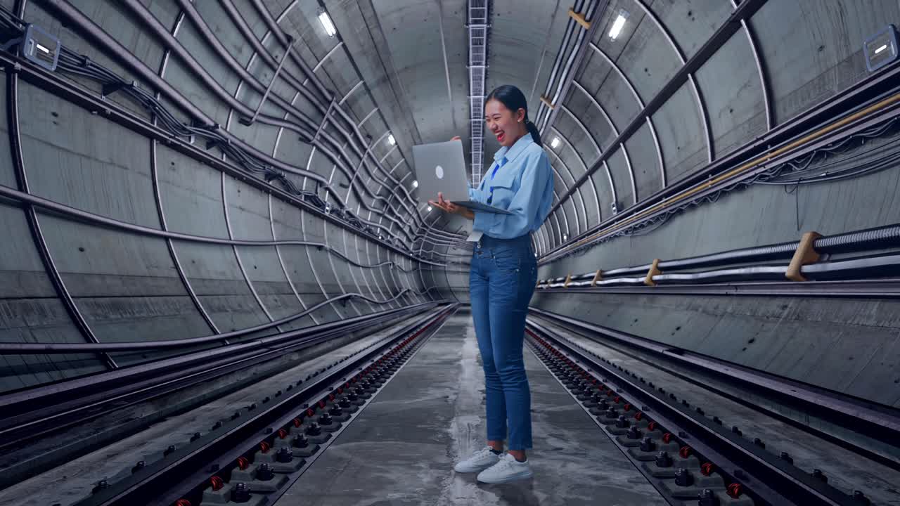 Full Body Side View Of Asian Female Professional Worker With Her Laptop In Underground Subway Tunnel, She Raises Her Fist Up With Screaming Goal After Typed On The Laptop