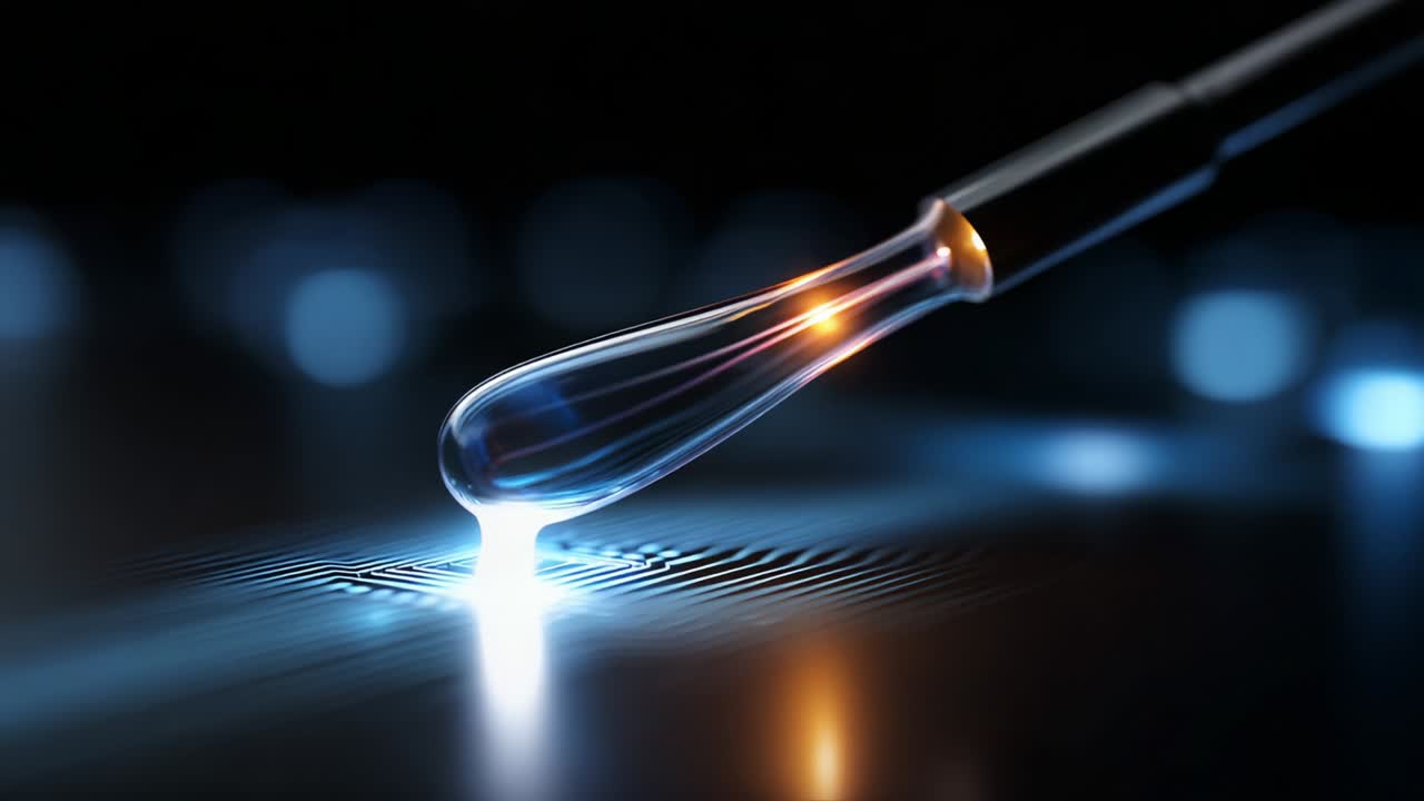 Close-Up of a Droplet Suspended Over a Textured Surface, Highlighting the Interaction of Light and Fluid Dynamics, Showcasing an Abstract Representation of Science and Technology in Motion