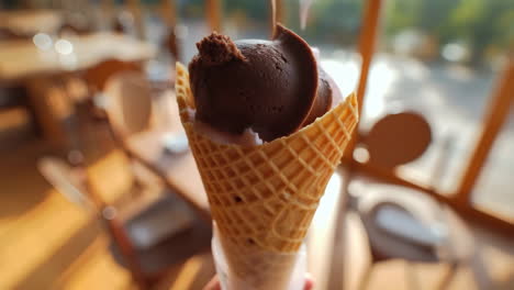 loading a waffle cone with scoops of ice cream