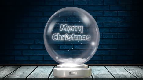Animation-of-christmas-snow-globe-with-christmas-greetings-text-and-snow-falling-on-brick-background
