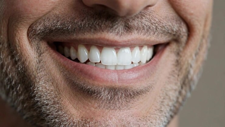 Primo piano di un uomo che sorride con denti bianchi