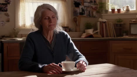 elderly woman enjoying tea in a cozy kitchen