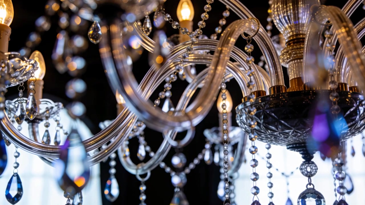 Shifting camera focus showing crystal chandelier swaying and sparkling warm light in dining room