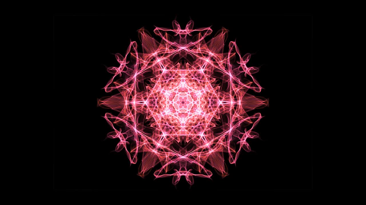 Red and orange fractal mandala rotating and zooming, video animation on black background. Animated symmetric patterns for spiritual and meditation training
