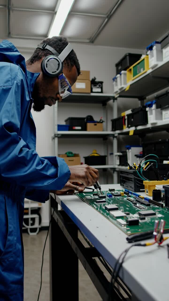 Afroamerikansk ingeniør arbejder på et printkort i et laboratorium