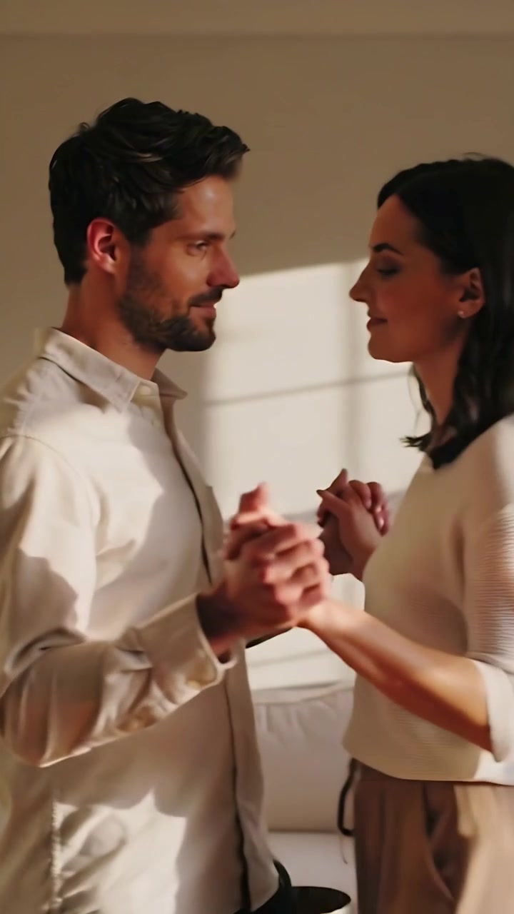 Video verticale: Donna con top bianco che si gira, incontrando lo sguardo di un uomo, tenendosi per mano e dondolando a casa vicino al divano.