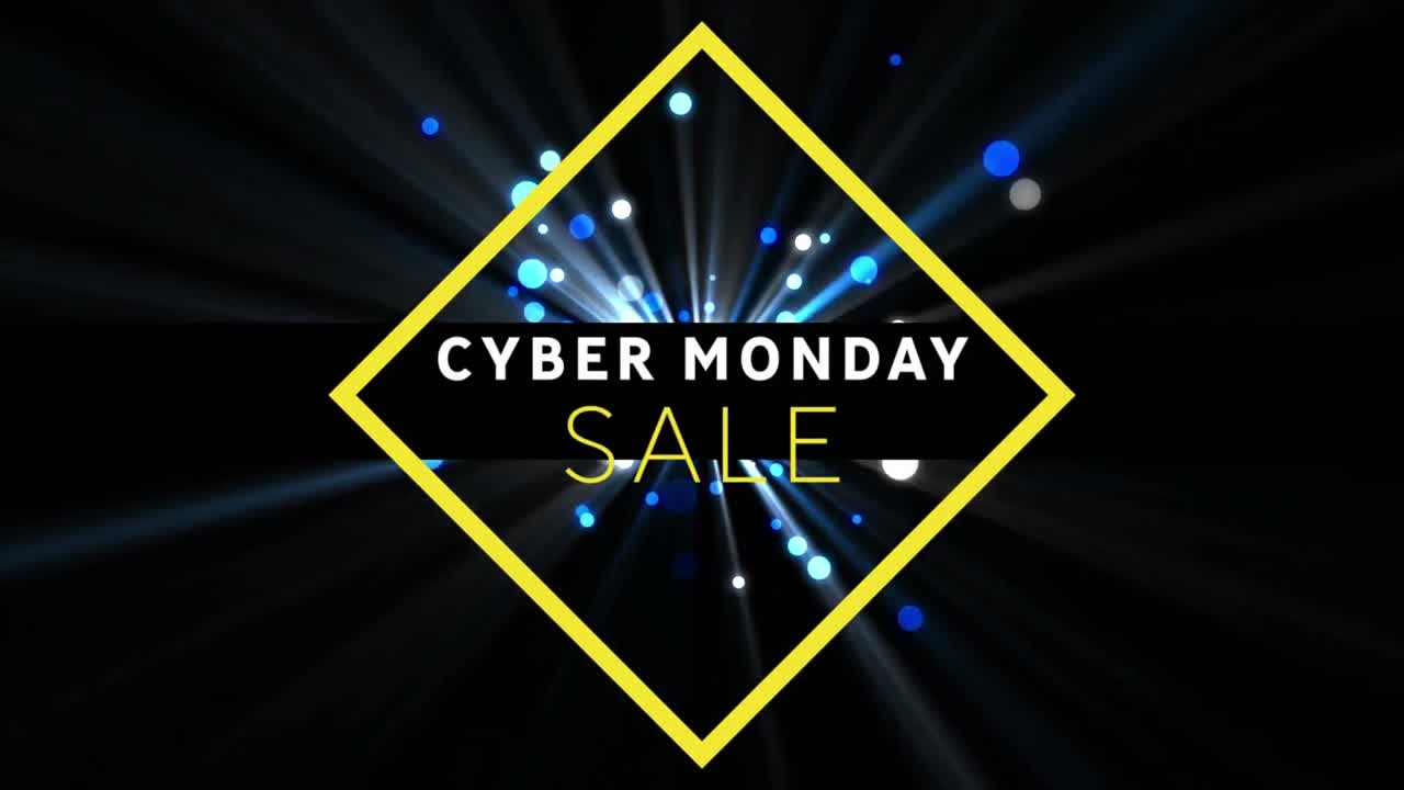 사이버 월요일 텍스트 배너의 디지털 애니메이션은 검은색 배경에 파란색 빛 반점이 있습니다.