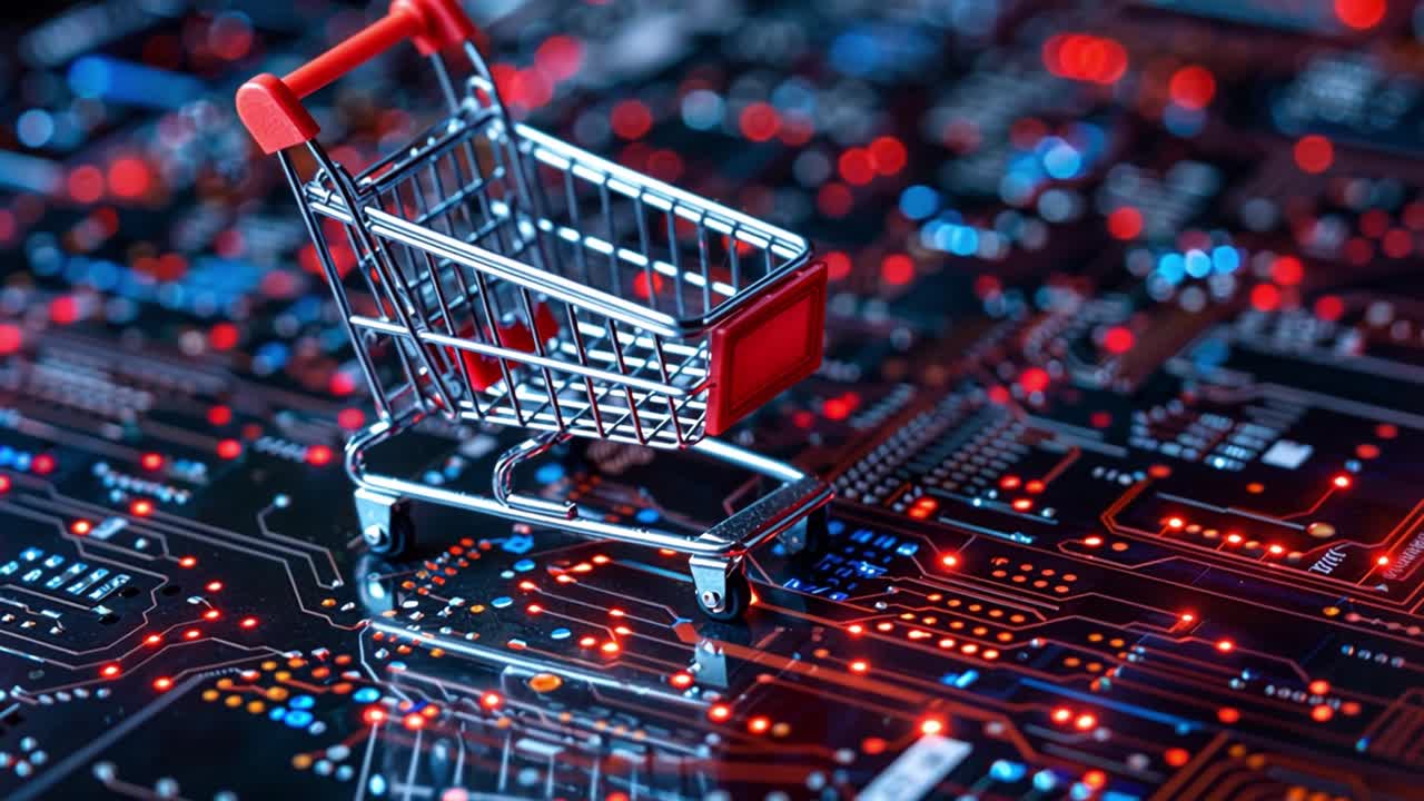 Miniature shopping cart on an illuminated circuit board symbolizing digital commerce