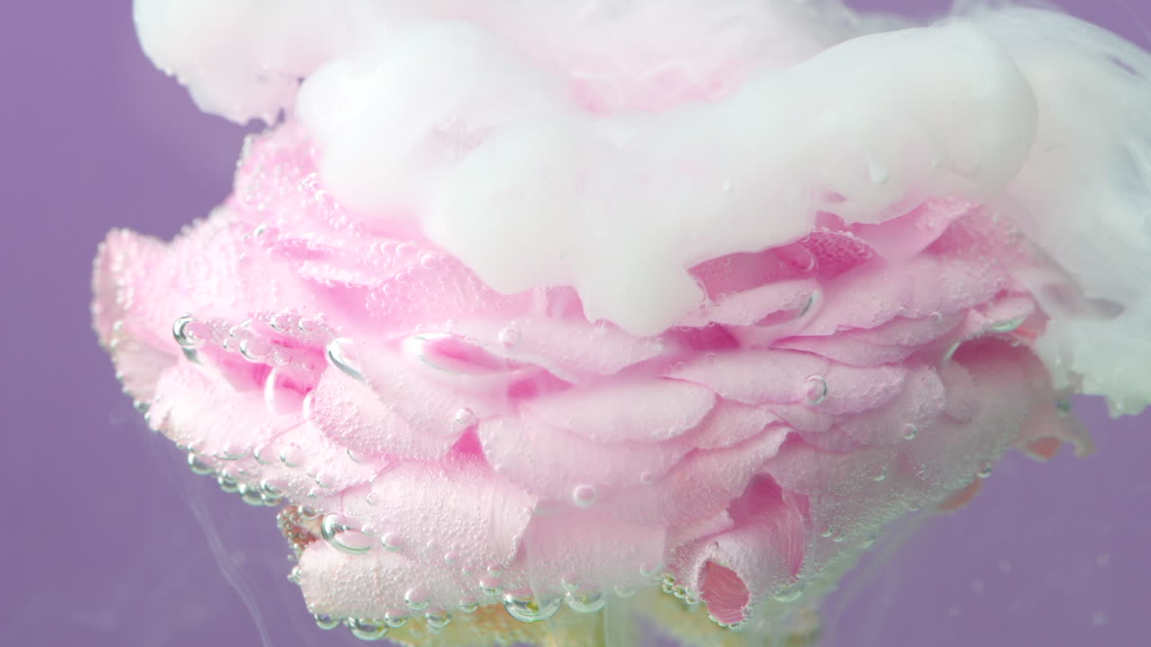 연기와 거품이 있는 물 속의 분홍색 장미