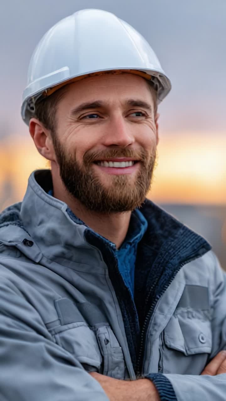 Confident Construction Worker Smiling at Dusk: A Portrait of Dedication and Professionalism with a Hard Hat and Warm Background Glow
