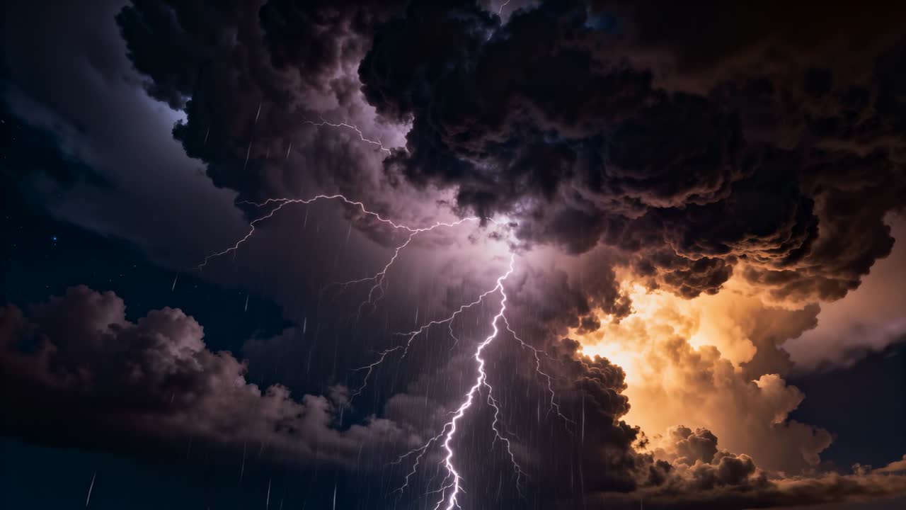 Carica di tempesta inviata, fulmine verticale che squarcia nuvole temporalesche all'orizzonte, illuminando una sacca arancione