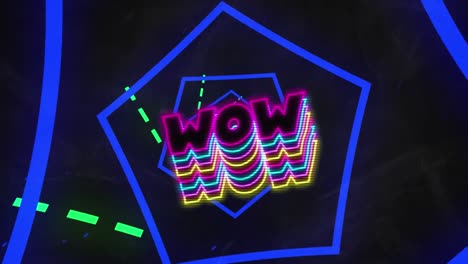 Animation-of-multiple-colourful-wow-text-over-moving-illuminated-lines-and-hexagon-tunnel