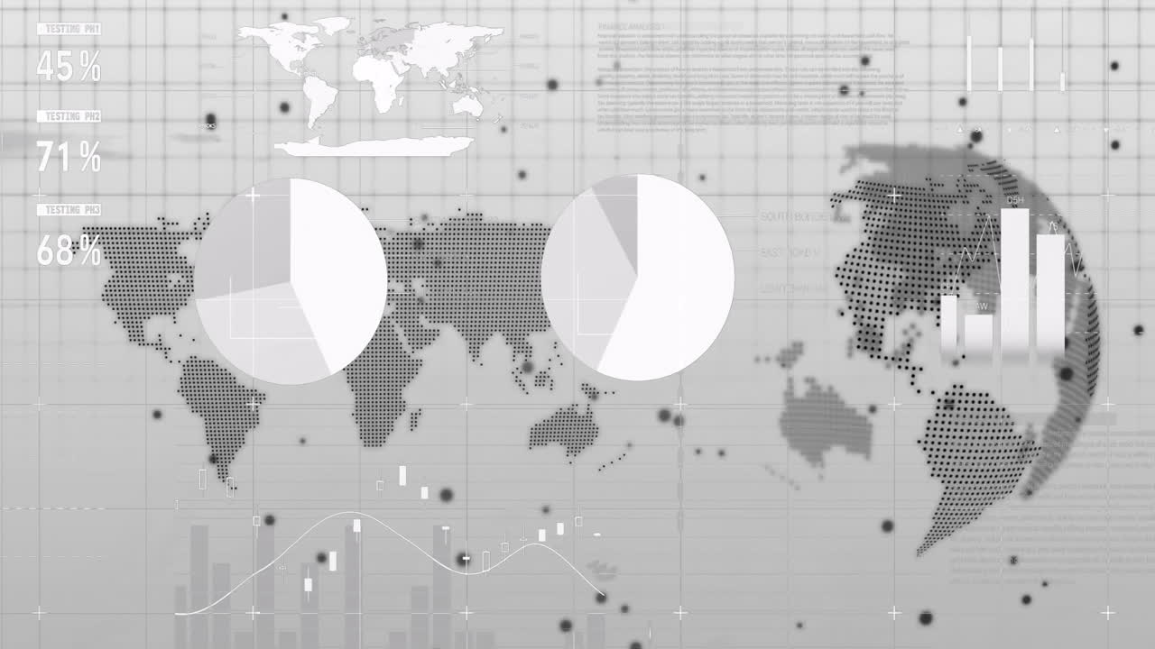 Animation showing world map with data charts and graphs in school ...