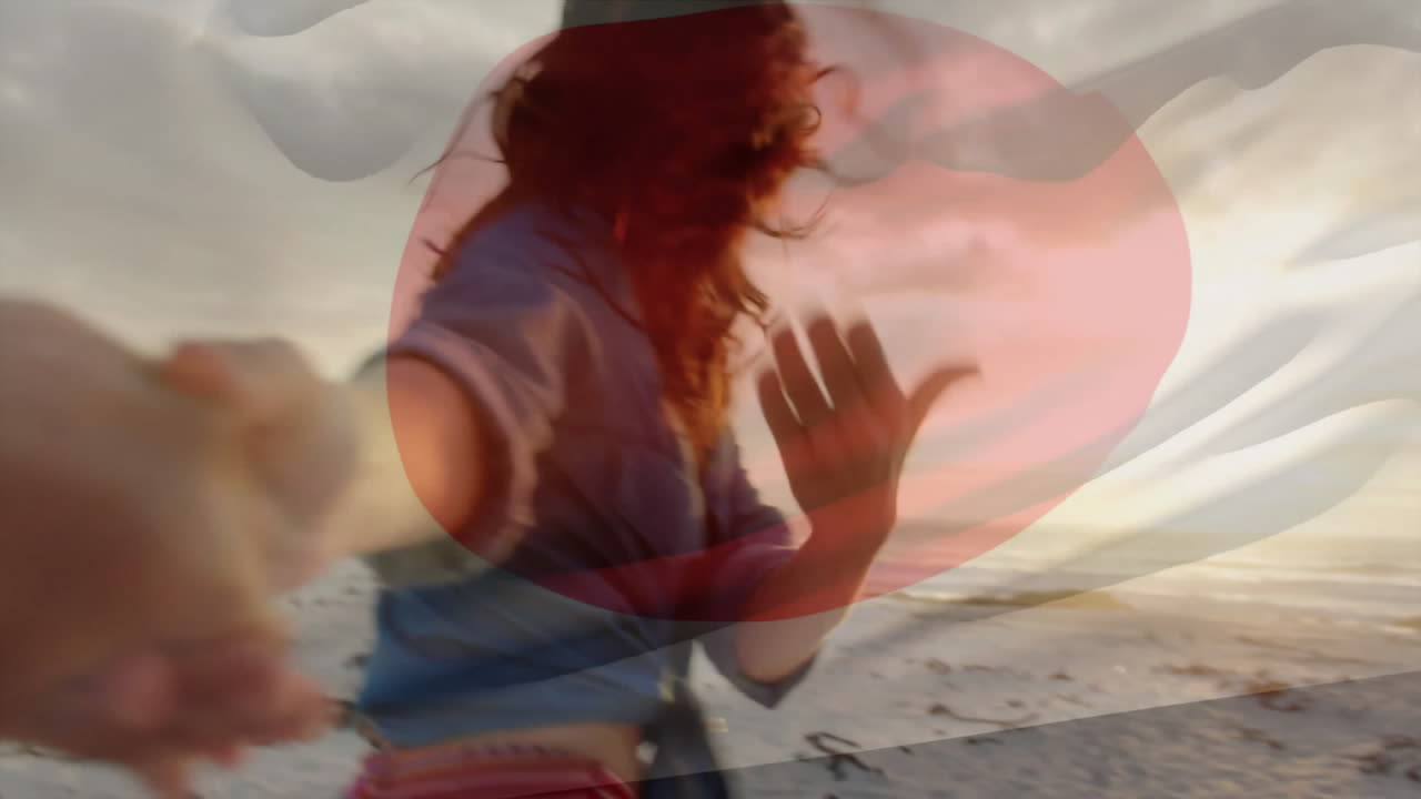 Person holding hands and running on beach with colorful overlay animation