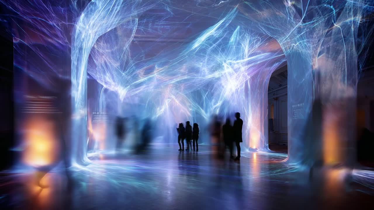 A Captivating Visual Experience: Ethereal Illuminations and Dynamic Projections Create a Stunning Atmosphere in an Immersive Art Installation with Abstract Designs