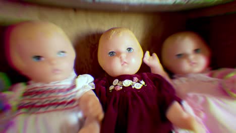 a row of spooky, creepy vintage dolls that all look alike and seem to be haunted