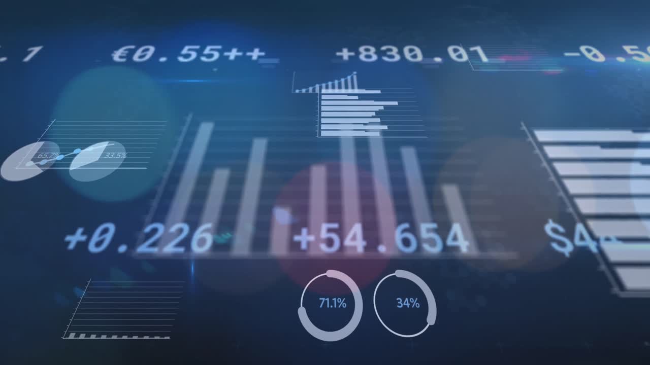Animation of financial data processing over out of focus city lights