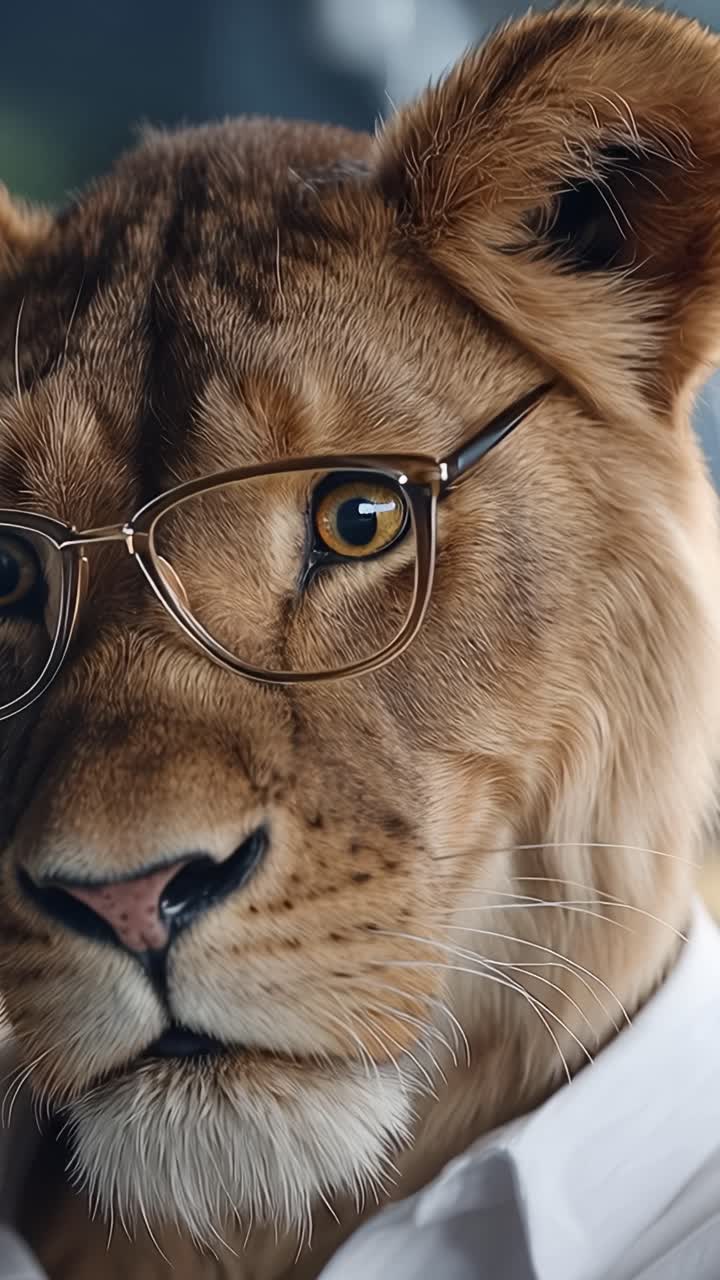 Un primo piano accattivante di un leone con gli occhiali, che enfatizza i suoi occhi espressivi e la sua personalità unica in un ambiente mozzafiato e realistico.