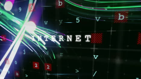 internet text with digital data and fiber optics animation