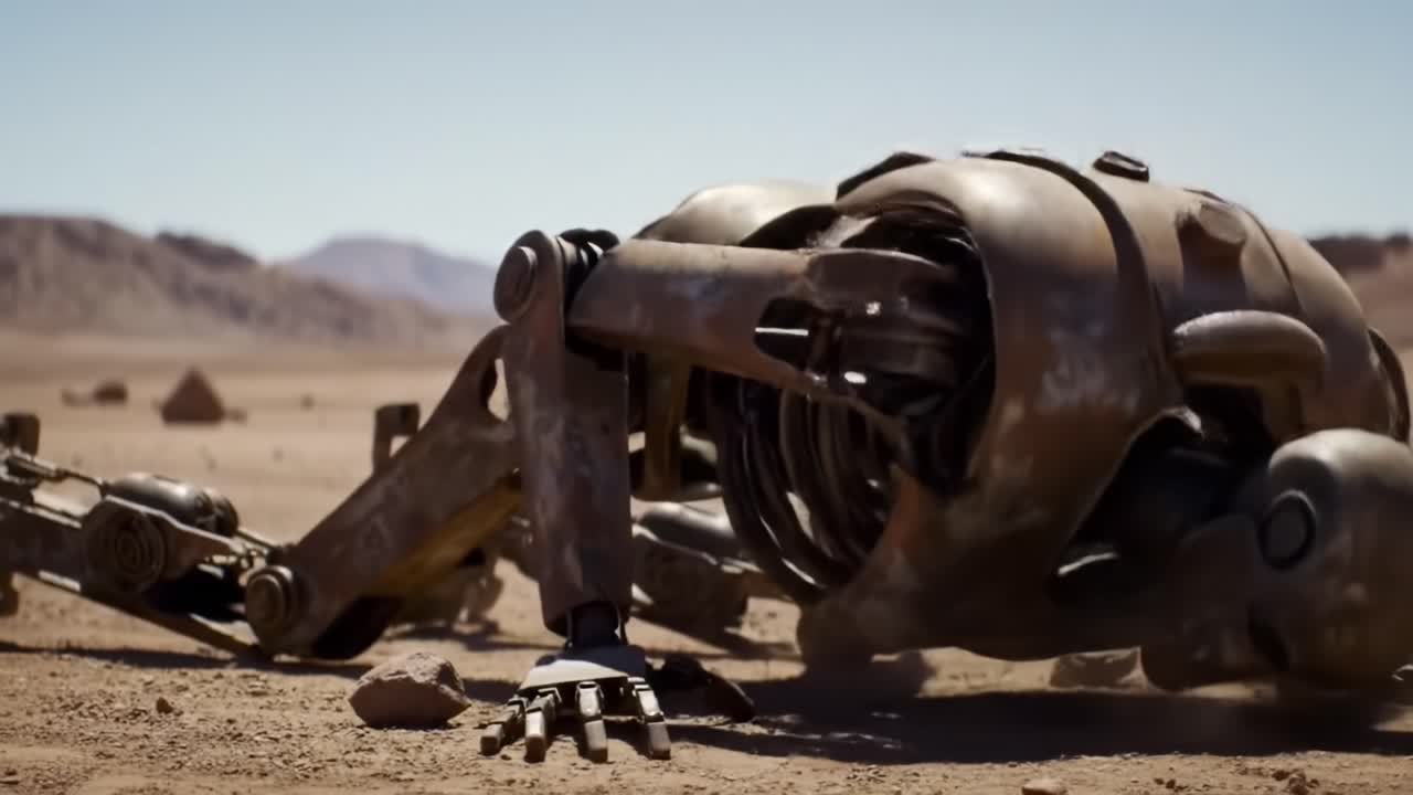 A Deserted World: Exploring the Rusted Remains of a Cyborg with an Elegant Mechanism Amidst a Barren Landscape in a Post-Apocalyptic Setting