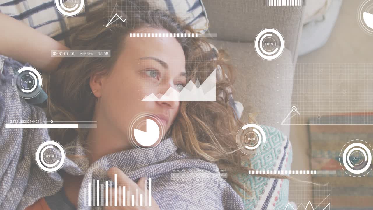 Woman reclining and interacting with timers and graphs appearing as tech overlays tracking progress