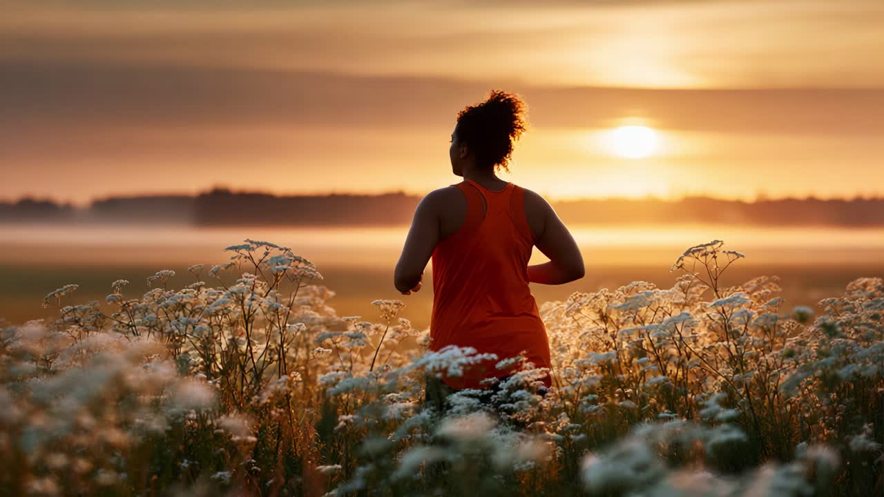 A Serene Sunrise Setting: A Woman in Sporty Attire Embracing Nature's Beauty While Jogging and Reflecting on Life Amidst Blooming Wildflowers and a Beautiful Horizon