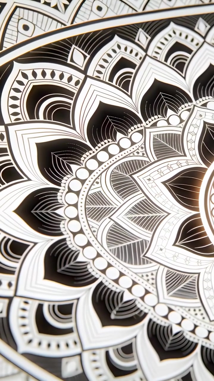 Video verticale: Telecamera che scansiona, panoramica a sinistra e inclinazione su una scrivania, mostra un mandala a inchiostro su carta.