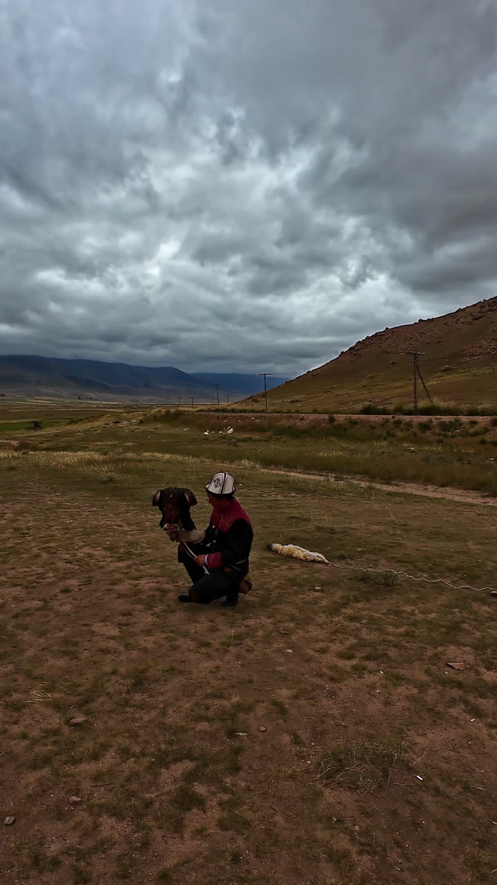 A falconer holding eaghle on hand with cloudy landscape during daytime.