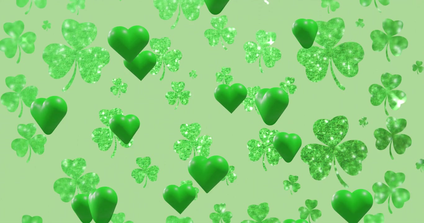 Loop starting with glitter clovers and 3D hearts drifting, scaling, sparkling, forming mint loop