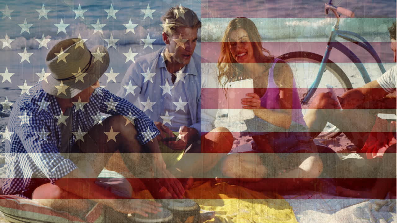 친구 들 이 해변 에서 함께 시간을 보내고 있다